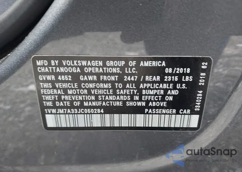 2018 Volkswagen Passat 3.6L V6 Gt из США, поврежденный, VIN 1VWJM7A33JC050284